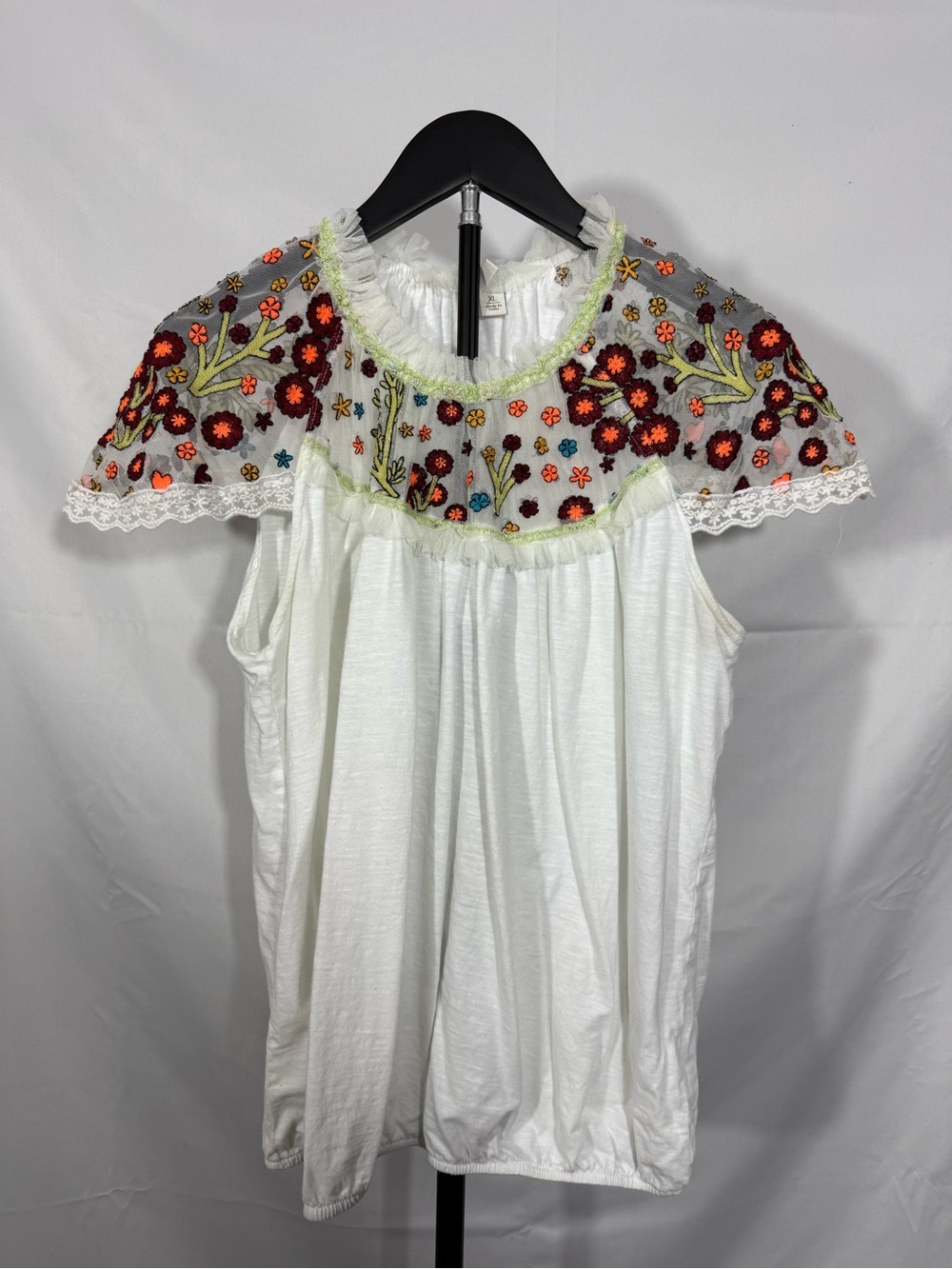 Cato Floral Embroidered Mesh Blouse White Boho Ruffle Sleeve Top XL